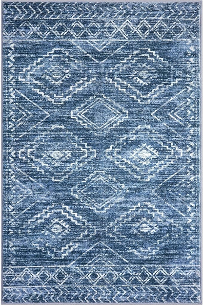 KILOCOCO Boho Entryway Rug 3x5 Area Rug Washable Non Slip Printed Throw Rugs Soft for Kitchen Living Room Dining Bedroom Geometric Moroccan Carpet, Stonewashed Blue