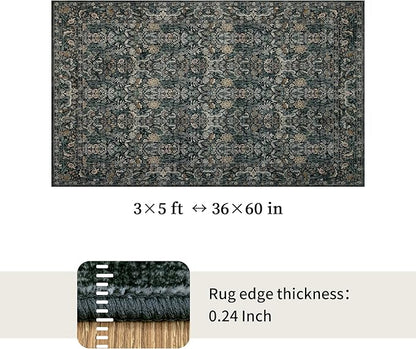 Washable Living Room Rug: 3x5 Boho Floral Soft Area Rug for Bedroom Decor - Vintage Low Pile Thin Carpet for Dining Room Non-Slip - Farmhouse Stain Resistant Rugs - Dark Green