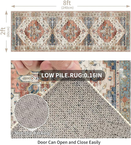 Enkor Runner Rugs for Hallway, 2x8 Washable Soft Non Slip Floor Rugs for Kitchen, Modern Mat for Living Room Bedroom Entryway Beige & Red