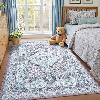 5x7 Area Rug for Bedroom, Machine Washable Rugs with Non-Slip Backing for Living Room, Soft Vintage Carpet Kitchen Laundry Kids Room Decor, Blue & Brown