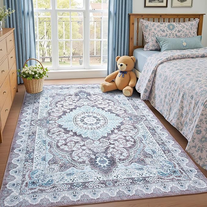 6x9 Area Rug for Bedroom, Machine Washable Rugs with Non-Slip Backing for Living Room, Large Vintage Carpet Kitchen Laundry Kids Room Decor, Blue & Brown