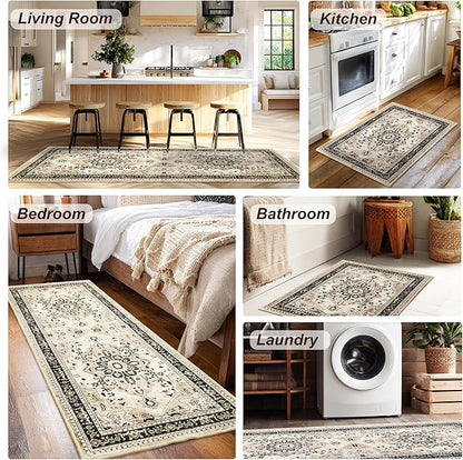 XWZO Runner Rug 2x6ft, Washable Hallway Runner with Non-Slip Backing, Vintage Spill Stain Resistant Floor Mat for Entryway Corridor Bedroom Kitchen, Soft Low-Pile Area Carpet, Brown Beige