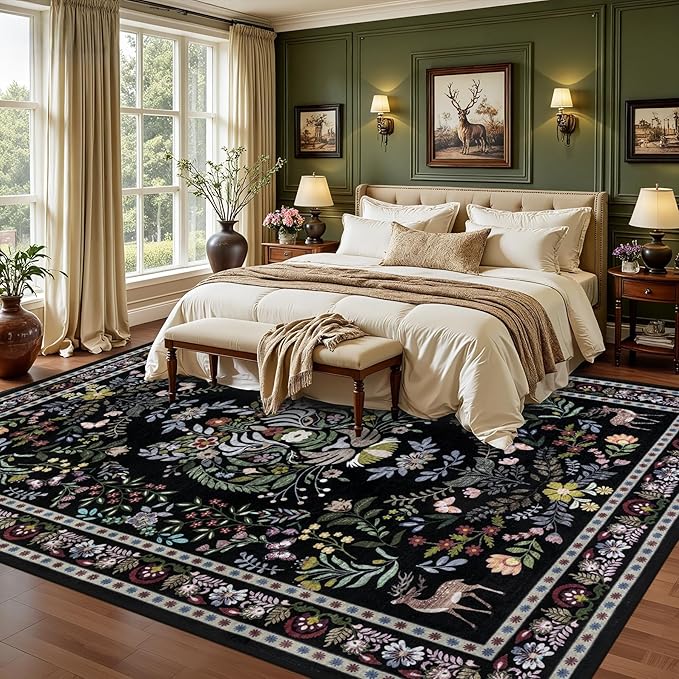 6x9 Area Rugs Living Room Rug: Vintage Washable Rug Floral Soft Carpet Indoor Floor Non-Slip Boho Stain Resistant Large Carpets for Bedroom Kids Nursery Dining Room Farmhouse Home Office Black