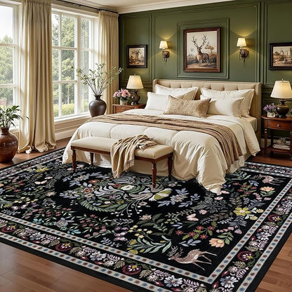 8x10 Area Rugs Living Room Rug: Vintage Washable Rug Floral Soft Carpet Indoor Floor Non-Slip Boho Stain Resistant Large Carpets for Bedroom Kids Nursery Dining Room Farmhouse Home Office Black