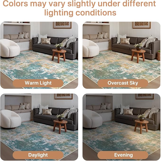 GENIMO 6x9 Area Rugs for Living Room, Machine Washable Rug Non Slip, Low Pile Ultra-Thin Lightweight Large Carpet, Abstract Modern Rugs for Bedroom, Dining Room, Office, Nursery, Teal/Beige