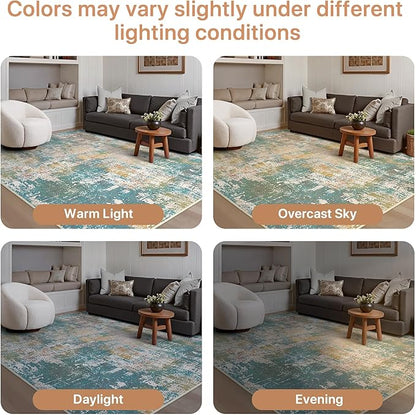 GENIMO 6x9 Area Rugs for Living Room, Machine Washable Rug Non Slip, Low Pile Ultra-Thin Lightweight Large Carpet, Abstract Modern Rugs for Bedroom, Dining Room, Office, Nursery, Teal/Beige