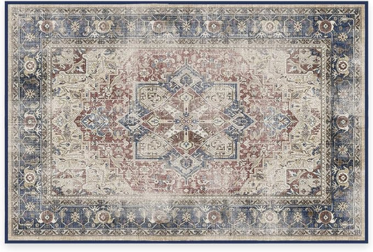 RUGGABLE Washable Vintage Area Rug – Kamran Royal Blue 2x3, Stain-Resistant, Non-Slip – Small Machine Washable Rugs for Living Room, Bedroom, Hallway, Entryway & Bathroom–with Cushioned Pad