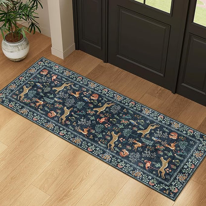 DUKINO 2x5 Rug for Hallway, Washable Kitchen Runner Rug with Non Slip Backing, Soft Low Pile Vintage Animal Runner for Bedroom, Kitchen, Hallway, Entryway, Laundry, Navy Blue