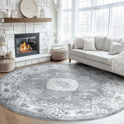 MUJOO Grey Round Rug 9ft,Large Circle Washable Area Rugs for Bedroom Living Room Bathroom,Boho Non Slip Circular Carpet,Floral