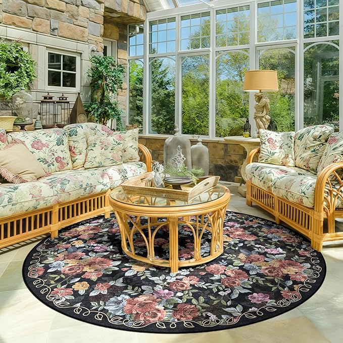 6ft Round Machine Washable Area Rug for Living Room, Black Vintage Boho Floral Rug Large Non-Slip Low Pile Soft Faux Wool Carpet, Kids and Pets Friendly for Bedroom Nursery Farmhouse Home Decor Rug