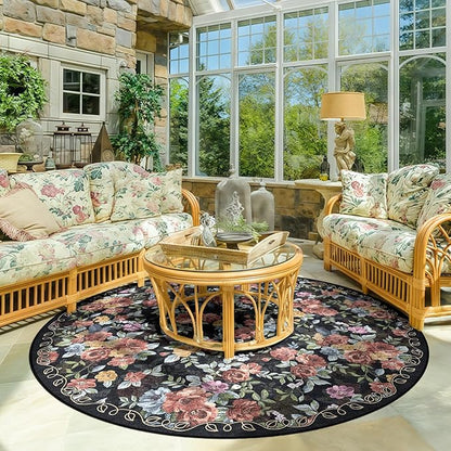 6ft Round Machine Washable Area Rug for Living Room, Black Vintage Boho Floral Rug Large Non-Slip Low Pile Soft Faux Wool Carpet, Kids and Pets Friendly for Bedroom Nursery Farmhouse Home Decor Rug