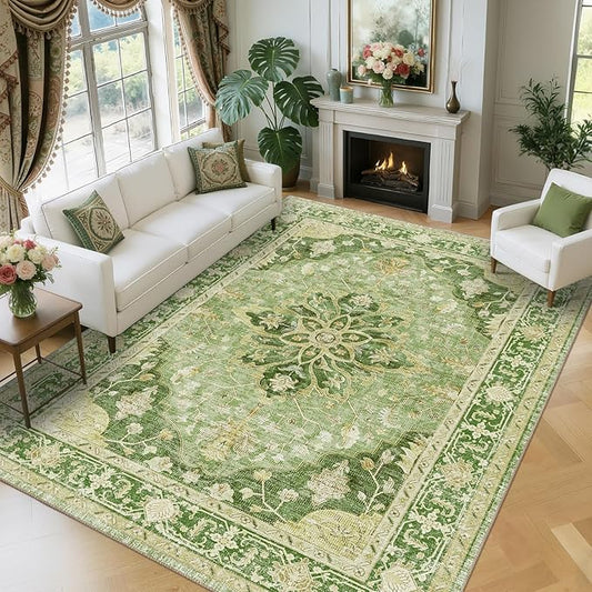 Area Rugs 9'x12' Washable Non-Slip, Floral Vintage Distress Print Pattern Medallion Carpet for Living Room Bedroom Dining Room, Sage Green Yellow