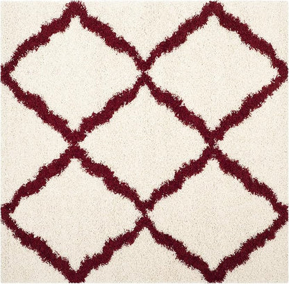 SAFAVIEH Dallas Shag Collection Area Rug - 6' Square, Ivory & Red, Trellis Design, Non-Shedding & Easy Care, 1.5-inch Thick Ideal for High Traffic Areas in Living Room, Bedroom (SGD257R)