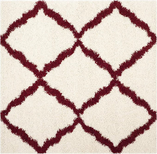 SAFAVIEH Dallas Shag Collection Area Rug - 6' Square, Ivory & Red, Trellis Design, Non-Shedding & Easy Care, 1.5-inch Thick Ideal for High Traffic Areas in Living Room, Bedroom (SGD257R)
