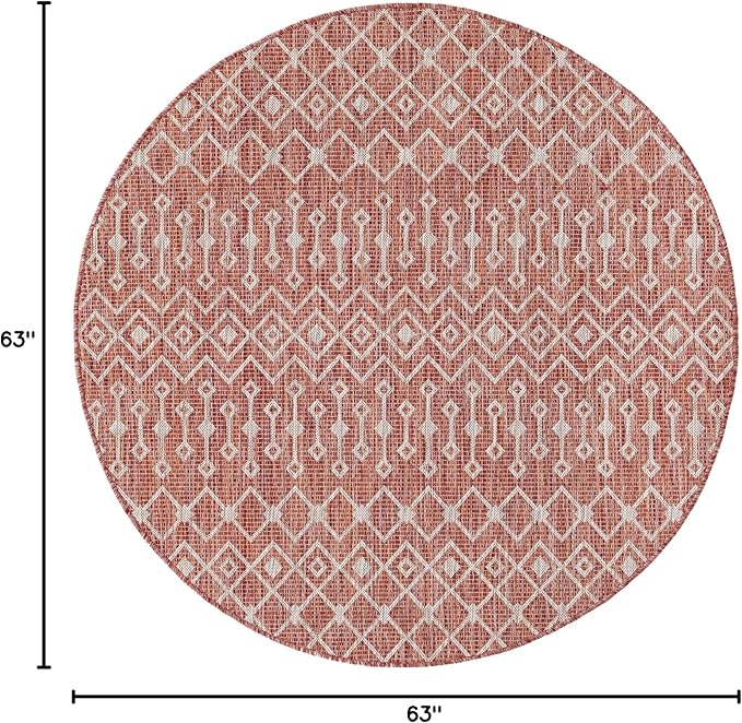 Unique Loom Outdoor Trellis Collection Area Rug - Tribal Trellis (5' 3" Round, Rust Red/ Ivory)