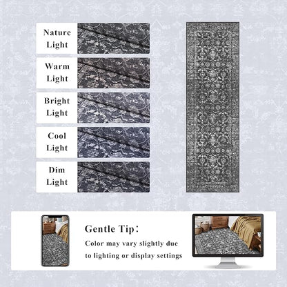 Washable Area Rug 2x6 Black Runner Rugs for Living Room, Vintage Boho Hallway Large Rug for Bedroom Dining Room Office, Distressed Floral Carpet for Under Table, Soft Non Slip Low Pile Throw Carpet