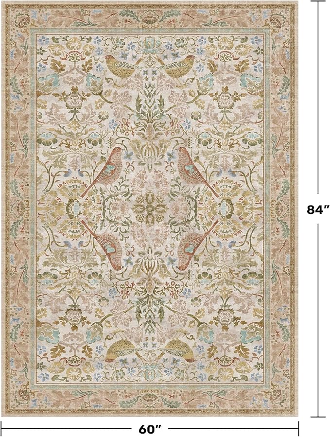 Washable Area Rugs 5x7 for Living Room - Boho Cottagecore Earthy Rugs for Bedroom, Dinning Room, Office with Vintage Beige Taupe Botanical & Bird Pattern, Non Slip Stain Resistant Low Pile