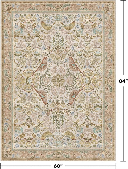 Washable Area Rugs 5x7 for Living Room - Boho Cottagecore Earthy Rugs for Bedroom, Dinning Room, Office with Vintage Beige Taupe Botanical & Bird Pattern, Non Slip Stain Resistant Low Pile