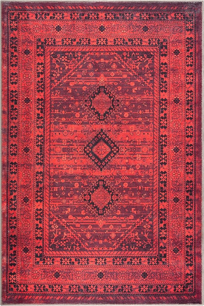 Bloom Rugs Washable Non-Slip 3' x 5' Rug - Red Traditional Bordered Area Rug for Living Room, Bedroom, Dining Room, and Kitchen - Exact Size: 3' x 5'