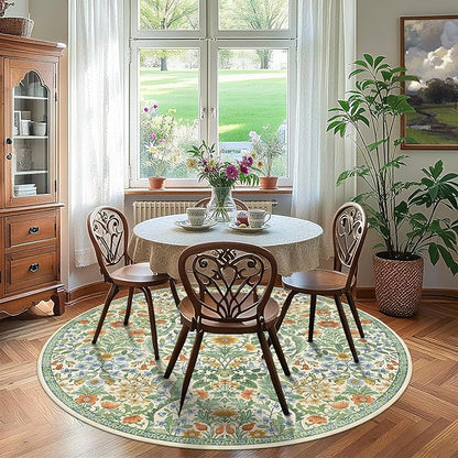 Round Rug 6ft Grass Green Washable Floral Circle Rug,Vintage Boho Botanical Round Area Rugs, Non-Slip Soft Low-Pile Circular Carpet for Bedroom,Kids Room,College Dorm,Home Decor