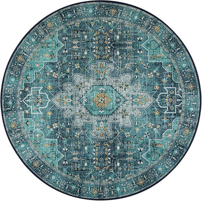 Moynesa Ultra-Thin Washable Round Rug - 6ft Teal Large Living Room Circle Area Rugs, Vintage Dining Room Mat Stain Resistant Nursery Carpet for Bedroom Mudroom Kitchen Apartment Home Office