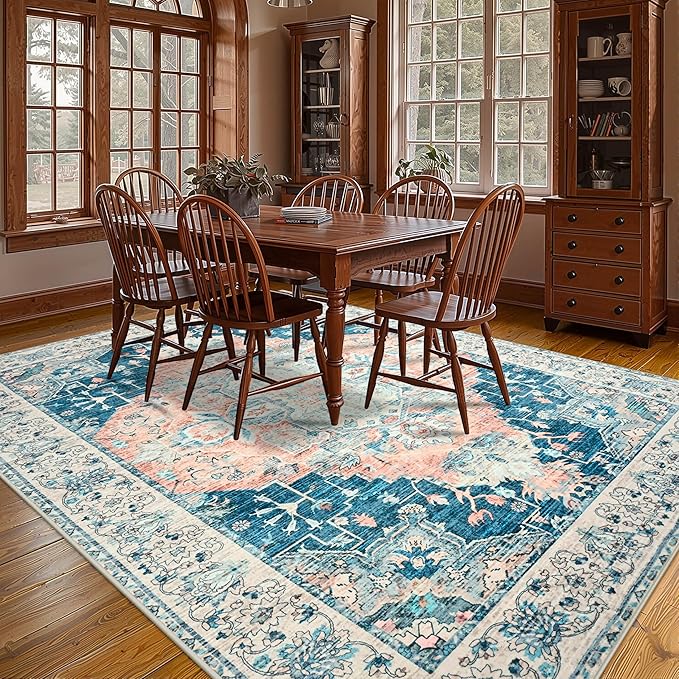 YJ.GWL Area Rugs for Living Room 6x9 Machine Washable Rugs, Non Slip Floral Vintage Rug Indoor Carpet, Stain Resistant Large Rug for Bedroom Dining Room, Dark Blue