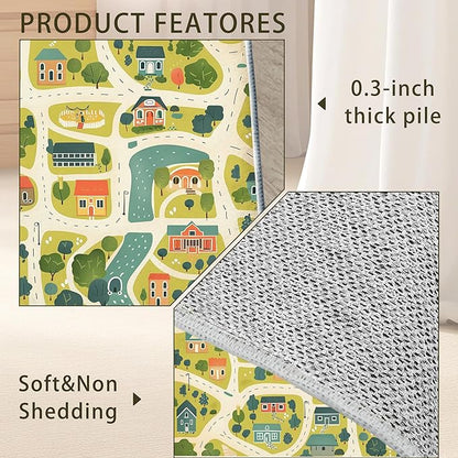 Cute Map Cars Washable 3x5 Area Rugs for Living Room, Thin Low Pile Contemporary Carpet, Non-Slip Base Lightweight Rug