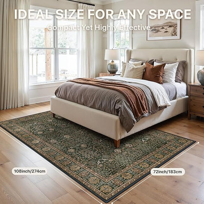 Bavni Area Rugs 6x9- Washable Rug Lightweight Non-Slip, Ultra Thin Low Pile Living Room Rug, Modern Printed Vintage Rugs for Dinning Room Office, Dark Green/Multi