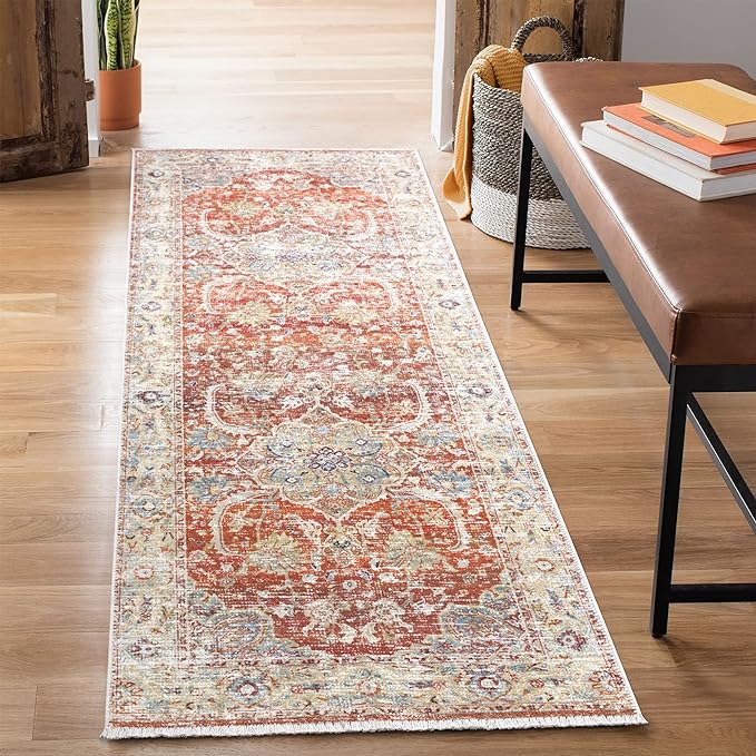 Bloom Rugs Caria Washable Non-Slip 10 ft Runner - Orange/Olive Beige Traditional Runner for Entryway, Hallway, Bathroom, and Kitchen - Exact Size: 2'6" x 10'