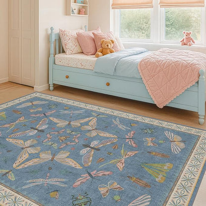 Blue Washable Kids Playroom Rug - 5x7 Area Rugs for Nursery Baby Boy, Bedroom, Living Room, Toddler Boy Room Decor, Cute Animals Print Carpet, Super Soft Non Slip Stain Resistant