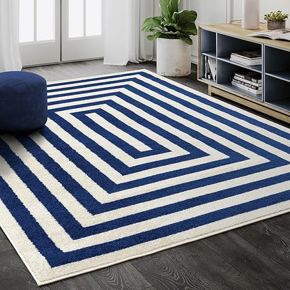 Abani Contemporary Blue & Ivory 5'3" x 7'6"(5'x8') Area Rug, Contrasting Geometric Modern Stripe Symmetrical Living Room Carpet Rugs