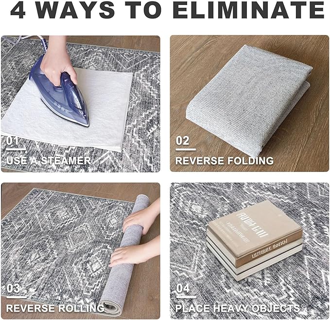 KILOCOCO Boho Entryway Rug 3x5 Area Rug Washable Non Slip Throw Rugs Soft for Kitchen Living Room Dining Bedroom Geometric Moroccan Carpet, Grey