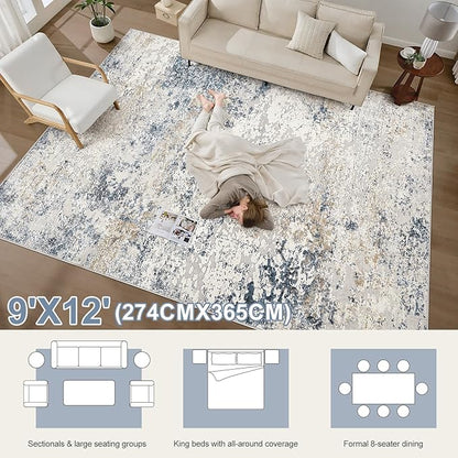 Area Rug Living Room Rugs - 9x12 Abstract Large Soft Indoor Washable Rug Neutral Modern Low Pile Carpet for Bedroom Dining Room Farmhouse Home Office - Beige Blue