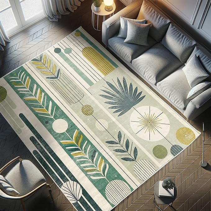 Ambesonne Mid Century Modern Decorative Rug, Abstract Circles Leaves and Stripes in Nature Color Palette, Quality Carpet for Bedroom Dorm and Living Room, 4' X 5' 5", Fawn Teal Pale Green