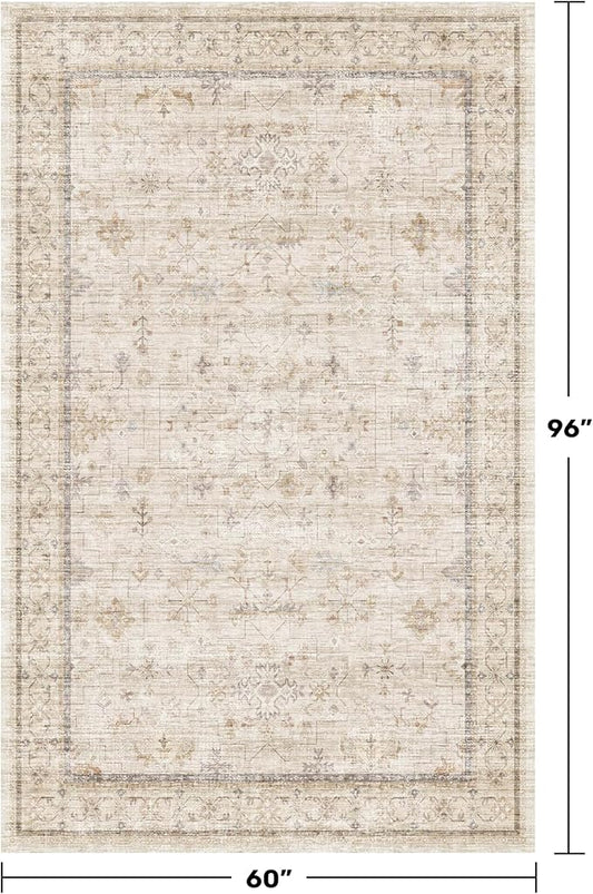 Ivory 5x8 Area Rug for Bedroom, Home Office, Washable Non Slip Dinning Rugs for Under Table, Soft Low Pile Neutral Farmhouse Boho Living Room Décor