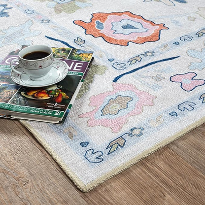 Fame Living Cream Oushak Rug, Modern, Vintage, Turkish, Eclectic, Floral, Pastel, Washable, Large Area Rugs for Living Room, Dining, Bedroom, Girls, Boys, 7'5"x9'8"