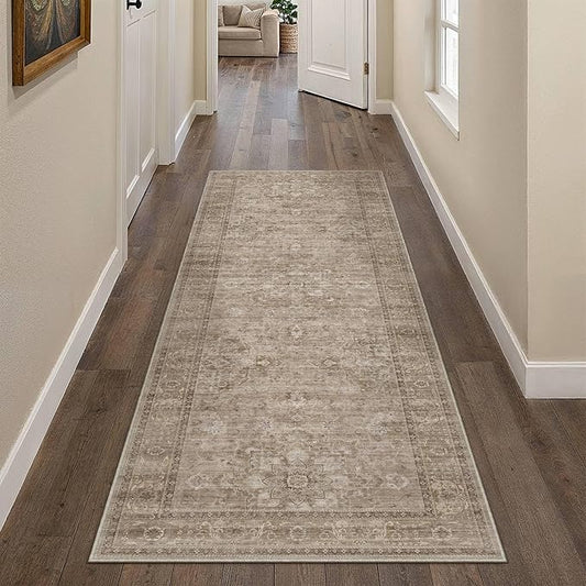 HUGEAR Washable Hallway 2x6 Runner Rugs Retro Brown Vintage Distressed Non Slip Stain Resistant Low Pile Neutral Throw Carpet for Bedside Kitchen Entryway Home Decor