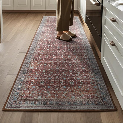 2x6 Washable Kitchen Runner Rug for Hallways, Non Slip Laundry Runners for Bathroom, Low Pile Rubber Backed Rugs for Entryway, Vintage Floral Carpet for Living Room Bedroom Brick Red