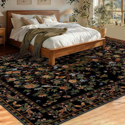 8x10 Area Rugs for Living Room, Machine Washable Non-Slip Carpet, Boho Floral Low Pile Throw Rugs for Bedroom, Dining Room, Office, Nursery, Vintage Home Decor（Black）