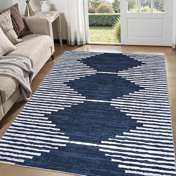 HelloTree Area Rug 3x5 Geometric Rug,Washable Modern Neutral Stain Resistant Indoor Carpet Boho Living Room Moroccan Rugs Fluffy Rug for Living Room Bedside Room Decor for Family-Blue