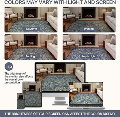 Bavni Floral Dark Blue Area Rugs 5x7, Vintage Boho Carpet Machine Washable, Non Slip Soft Low Pile Thin Rug for Bedroom, Living Room, Dining Room, Nursery
