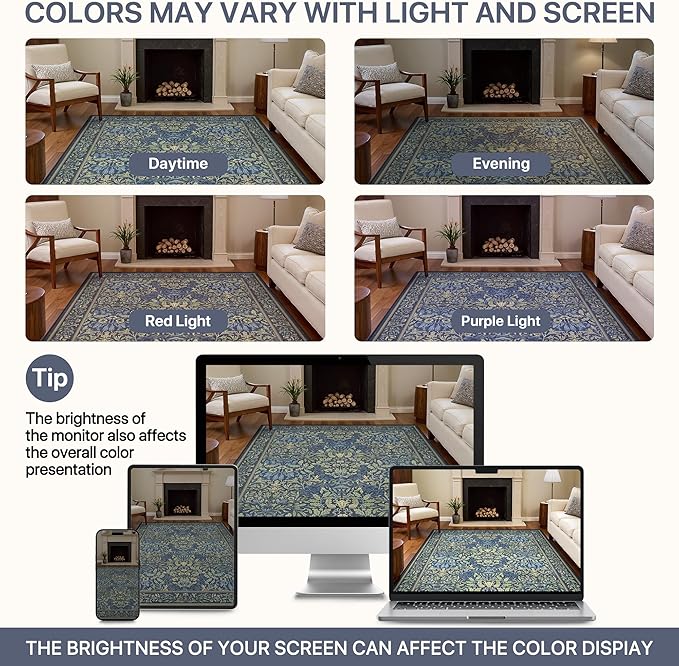 Bavni Floral Dark Blue Area Rugs 8x10, Vintage Boho Carpet Machine Washable, Non Slip Soft Low Pile Thin Rug for Bedroom, Living Room, Dining Room, Nursery