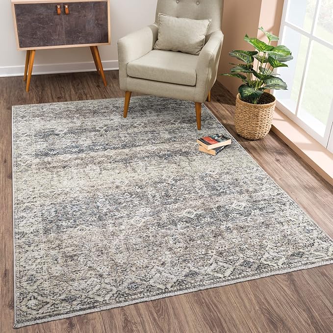 Bloom Rugs Caria Washable Non-Slip 6x9 Rug - Beige Brown/Teal Traditional Area Rug for Living Room, Bedroom, Dining Room, and Kitchen - Exact Size: 6' x 9'
