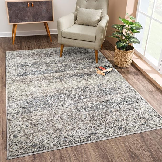 Bloom Rugs Caria Washable Non-Slip 6x9 Rug - Beige Brown/Teal Traditional Area Rug for Living Room, Bedroom, Dining Room, and Kitchen - Exact Size: 6' x 9'