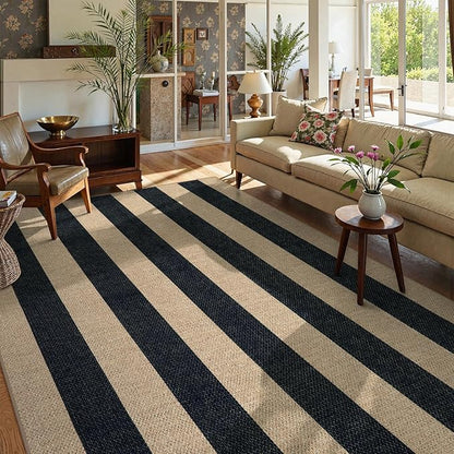 Lahome Striped Easy Jute Outdoor Rug, Washable Rugs 8x10 for Living Room Patio Indoor Outdoor Black Carpet, Farmhouse Neutral Non Slip Non Shedding Floor Carpet for Office Sunroom Dining Room