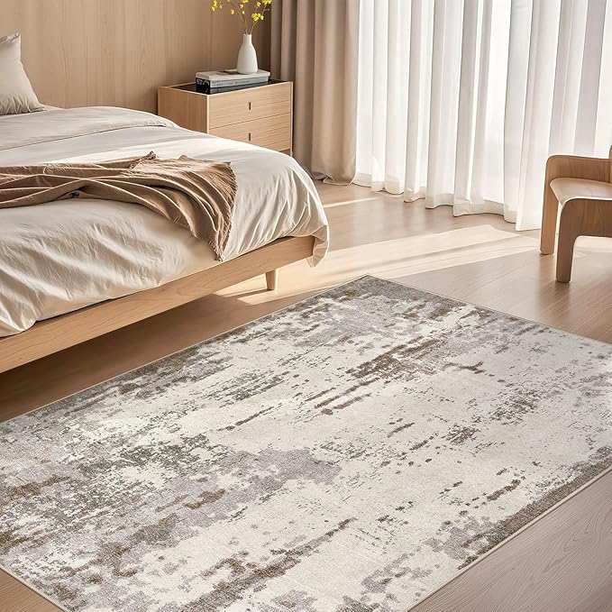 4x6 Area Rug Living Room Rugs - Washable Neutral Modern Abstract Soft Thin Rug Indoor Floor No Slip Rug Carpet for Bedroom Under Dining Table Home Office Decor - Brown/Grey/Beige
