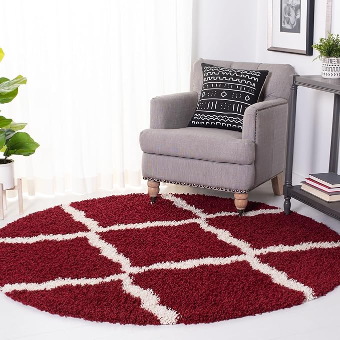 SAFAVIEH Dallas Shag Collection Area Rug - 6' Round, Red & Ivory, Trellis Design, Non-Shedding & Easy Care, 1.5-inch Thick Ideal for High Traffic Areas in Living Room, Bedroom (SGD257Q)