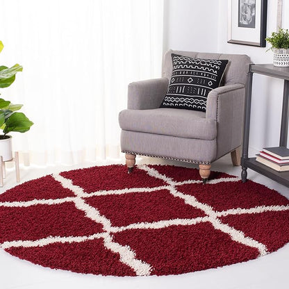 SAFAVIEH Dallas Shag Collection Area Rug - 6' Round, Red & Ivory, Trellis Design, Non-Shedding & Easy Care, 1.5-inch Thick Ideal for High Traffic Areas in Living Room, Bedroom (SGD257Q)