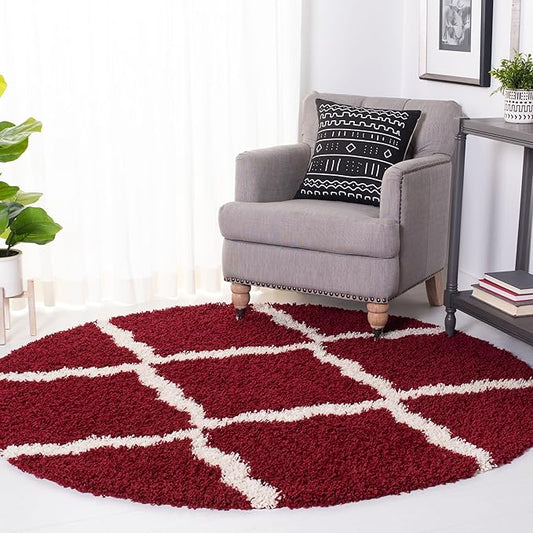 SAFAVIEH Dallas Shag Collection Area Rug - 6' Round, Red & Ivory, Trellis Design, Non-Shedding & Easy Care, 1.5-inch Thick Ideal for High Traffic Areas in Living Room, Bedroom (SGD257Q)