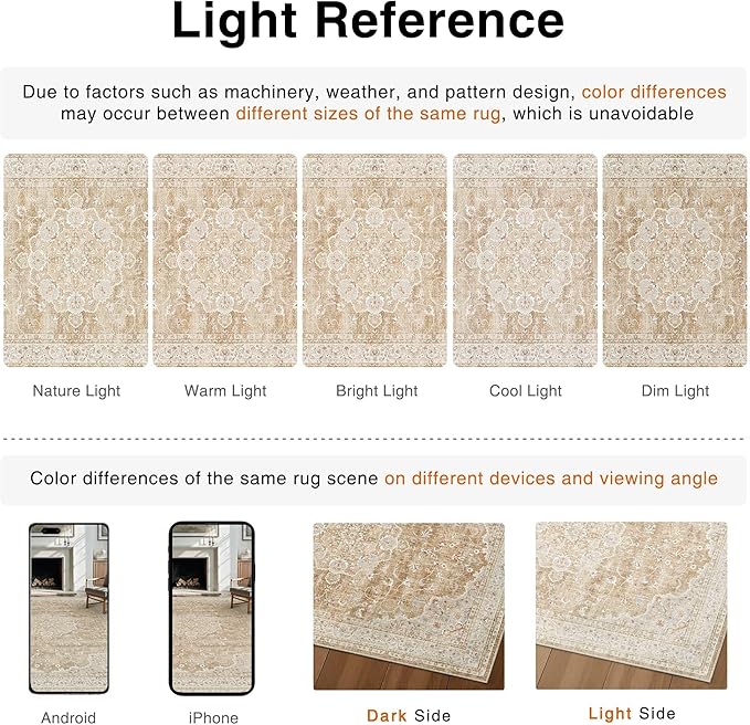 HUGEAR Machine Washable Area Rugs 8x10 Vintage Beige Brown Living Room Bedroom Rug Neutral Style Non Slip Stain Resistant Low Pile Throw Carpet for Home Retro Aesthetic Modern Decor